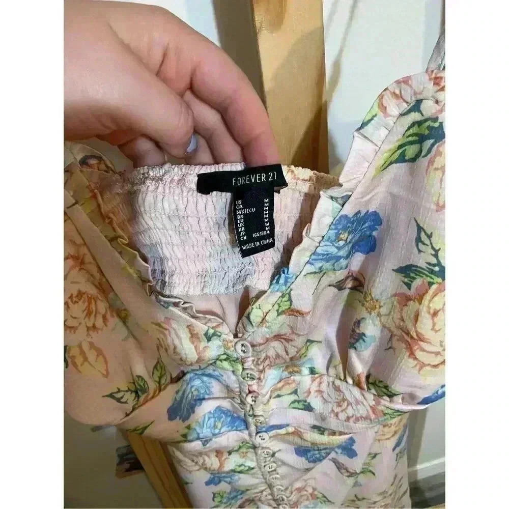 Forever 21 floral dress thin strap w/slit in front pink maxi dress size medium - Picture 6 of 7